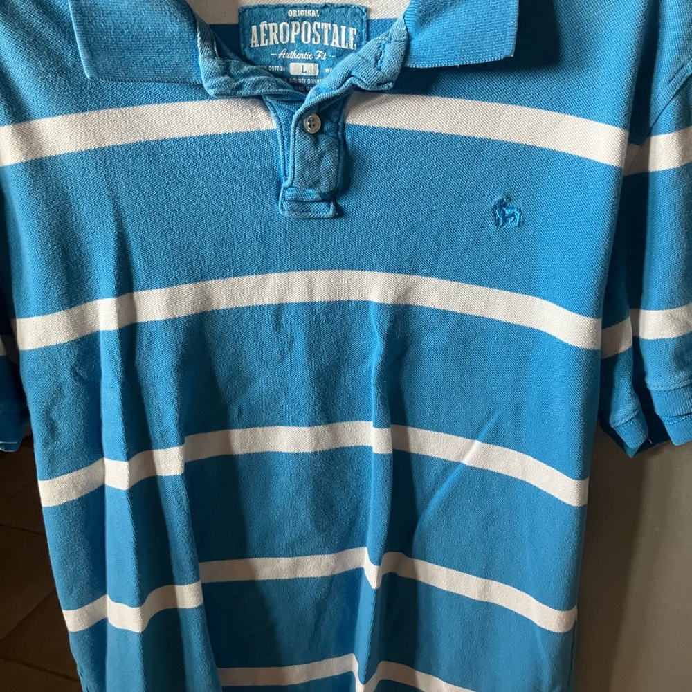 Blue and White Striped Aeropostale Polo Shirt